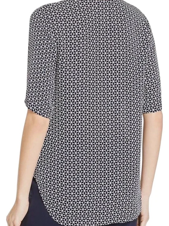 Theory Tile Antazie 100% silk Geometric Blouse Size P Navy/White - Picture 3 of 10